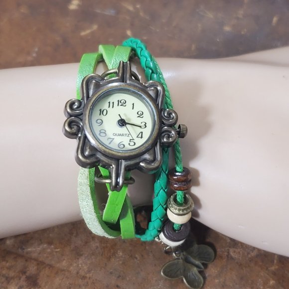 Beaded Bracelet Boho Watch - Butterfly Charm - Green - Picture 7 of 9